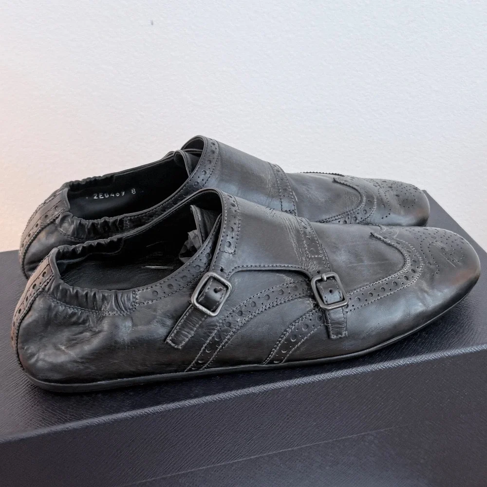 Prada 2EG469 Mens Leather Double Monk Strap Wingtip Shoes Grey Black UK 8